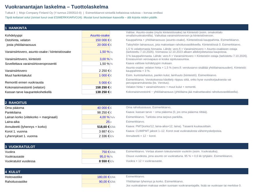 Vuokranantajan laskelma ja asiakirjapohjat